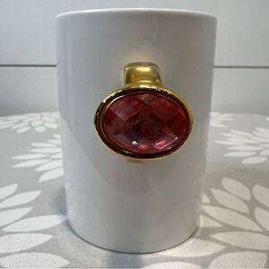 Two’s Company You’re A Gem White Mug Gold Ring Pink Stone Engagement Gift. 14 oz